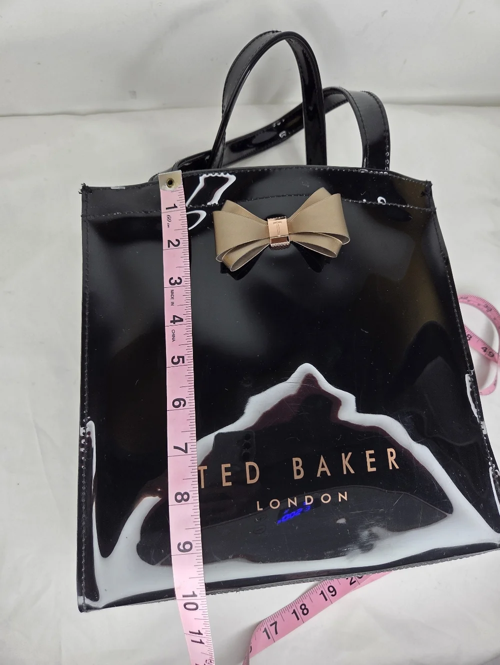Ted Baker London Patent PVC Tote Bag Gold Bow In Glossy Black Finish - Picture 15 of 16